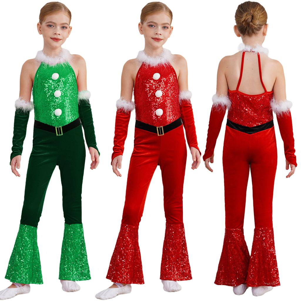 Girl Christmas Costume One Piece Sleeveless Velvet Bodysuit Plush Sequins Flared Jumpsuit Arm Sleeve Set