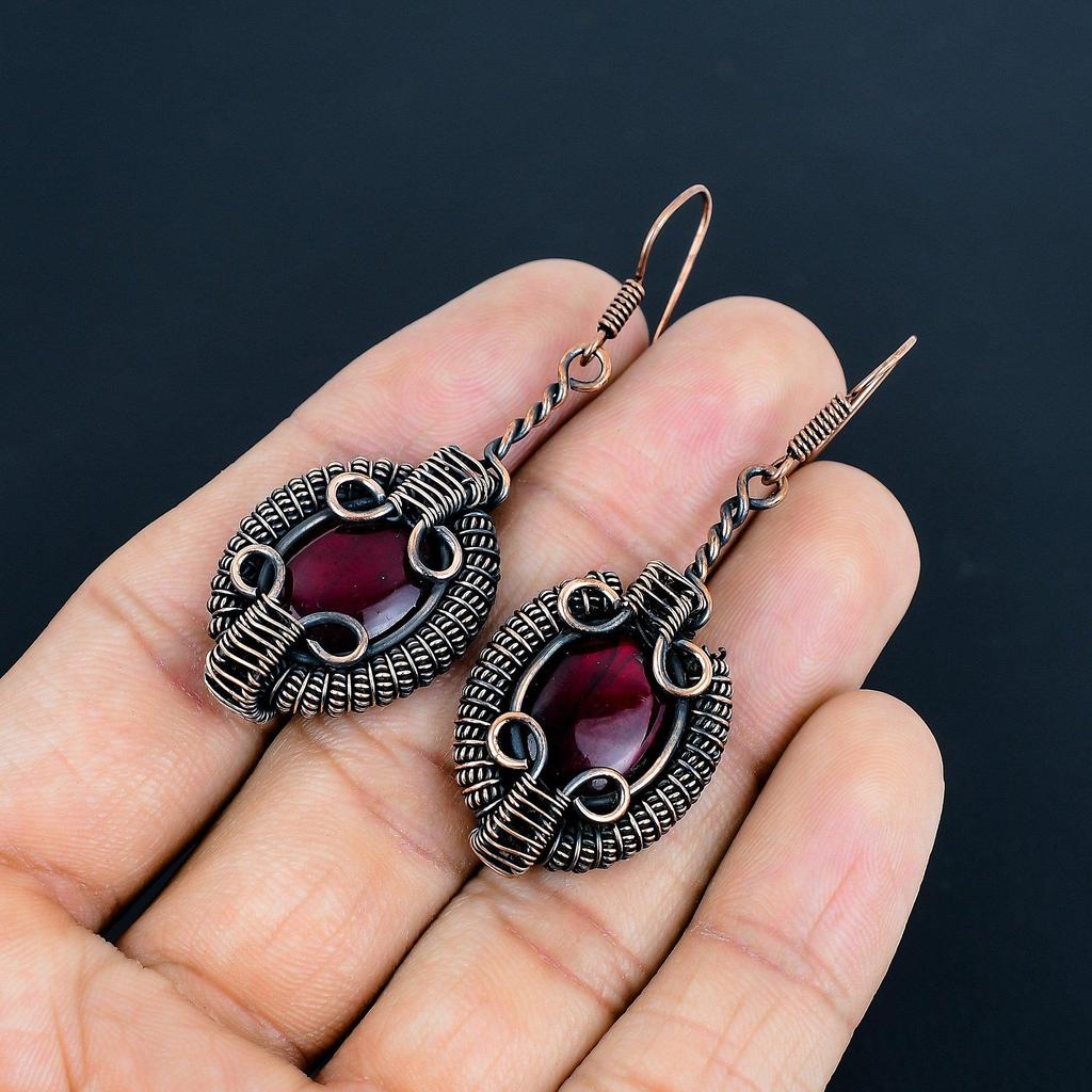 Red Flash Labradorite 999 Copper Wire Wrapped  Earrings, Handmade Gemstone Earrings Jewelry, Gifts For Wife Brand New Earrings