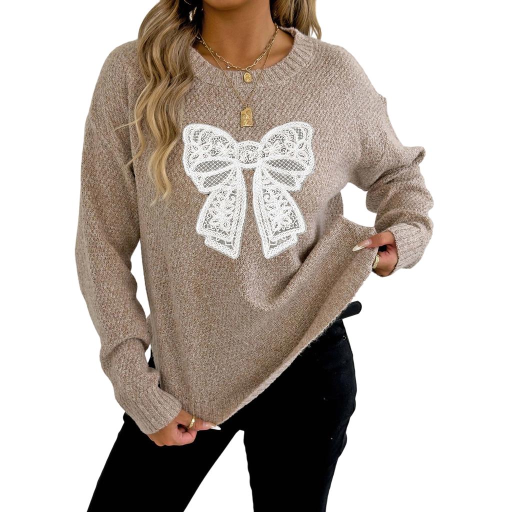 Women's Casual Round Neck Pullover Top Embroidered Lace Butterfly Sweater