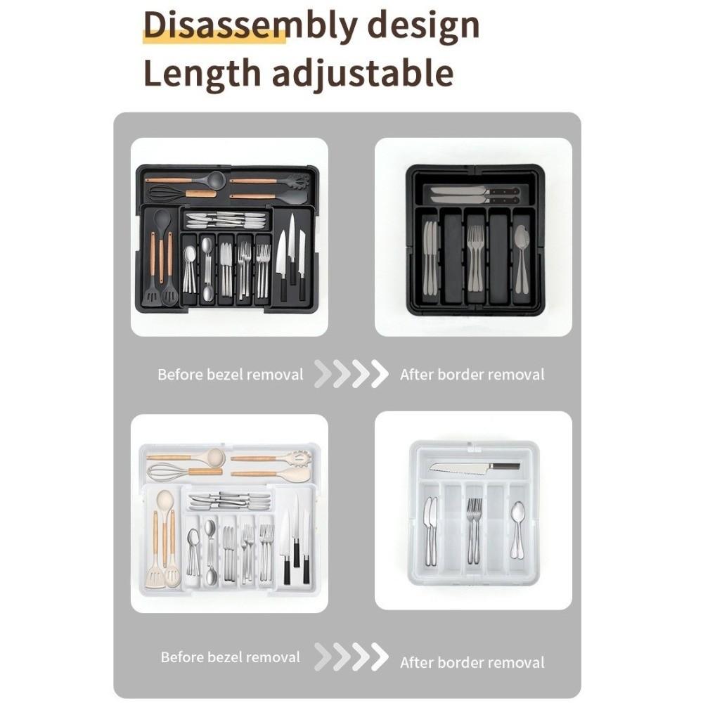 Retractable Drawer Storage Tray Partition Design Plastic Cutlery Organizer with Knife Holder Large-capacity Kitchen Storage Box