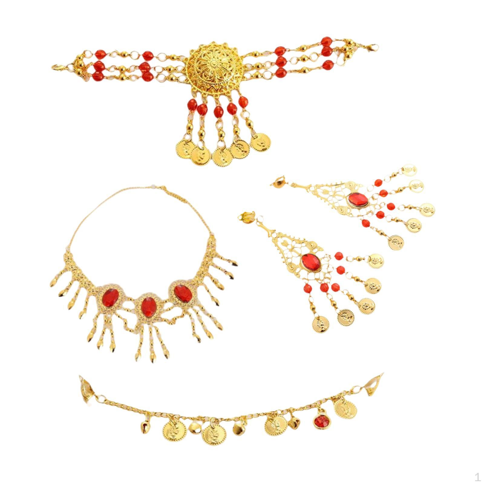 

5 Pieces Belly Dance Jewelry Set Women’ Head Chain Tassel Necklace Earrings Nose Iron Alloy Clip Earrings