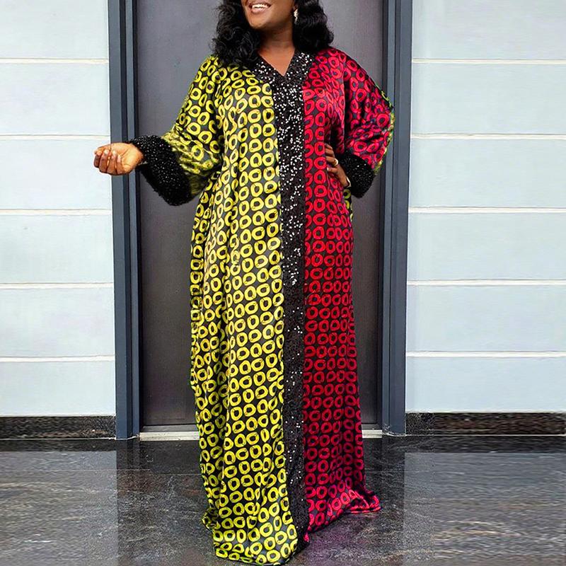 Oversized Women V Neck Batwing Sleeve Floral Print Casual Baggy Maxi Bohemia Dress