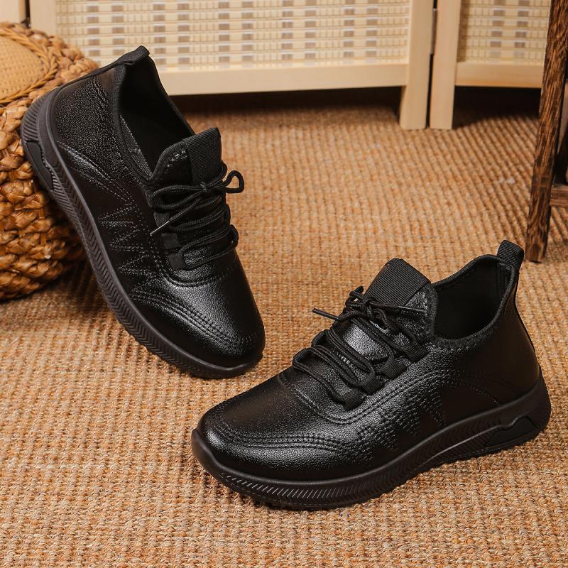 Fashion Classic Pu Solid Black Lace Up Sneakers Women 2025 Autumn Round Toe Stitching Decoration Casual Shoes Soft Sole Non Slip Shoes