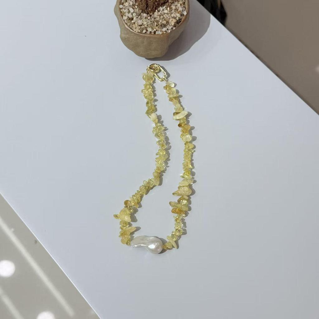 Baroque Pearl & Natural Citrine Necklace – Mori Style Irregular Stone Pendant Collarbone Chain for Women
