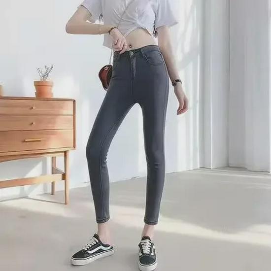 Women's Plush High-Waist Slim-Fit Cotton Jeans for Autumn/Winter