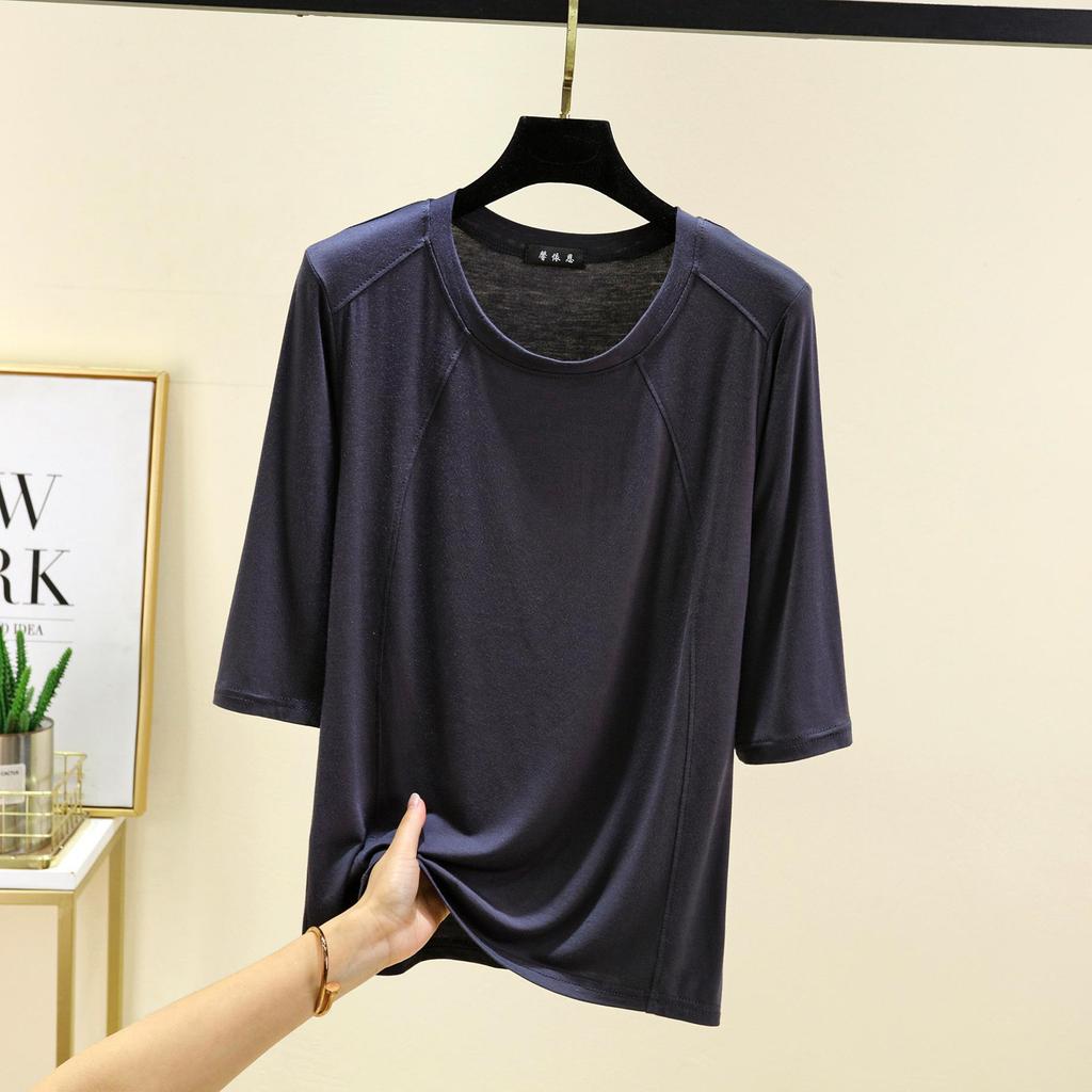 Modal Spliced O-neck T-shirt Half Sleeves Solid Color Women Base Layer Top Slimming Undershirts Basic Tee Tops All Match