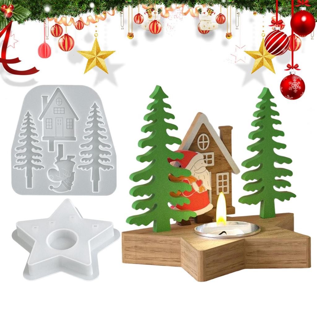 3D Weihnachtsmannhaus Szene Weihnachtsleuchter Harzformen Kerzenständer Weihnachtsbaum Silikonform DIY Kerzenhalter