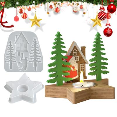 3d Santa Claus House Scene Christmas Candlestick Resin Molds Candlestick Christmas Tree Silicone Mold DIY Candle Holder