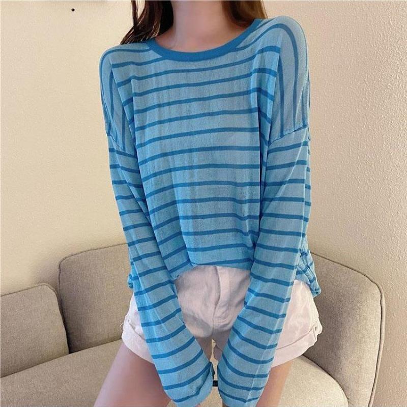 Sun Protection Clothes for Girls New Style Loose Summer Thin Anti-UV Ice Silk Striped Long-sleeved T-shirt Trendy