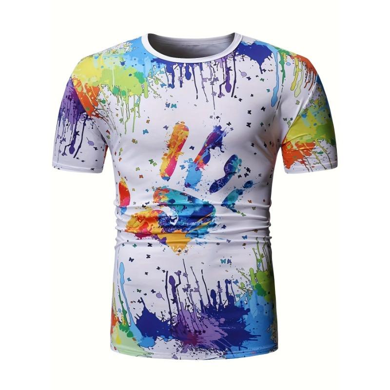 Fashion Splash Ink And Hand Print 3D Digital Print Men's Short Sleeve Crew Neck T-shirt,Summer Outdoor