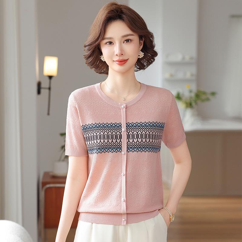 

Stylish Summer Short-Sleeve Top for Middle-Aged and Elderly Women, Mother s Day Fashion T-shirt 2XL (recommended for 120-140 jin)