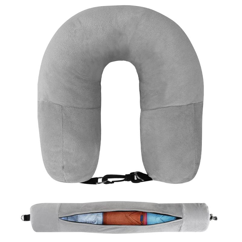U-Shaped Pillowcase Travel Neck Pillow with Fillable Clothing, Extra Storage Bag, Velvet Neck Pillow Cover for Airplane Travel