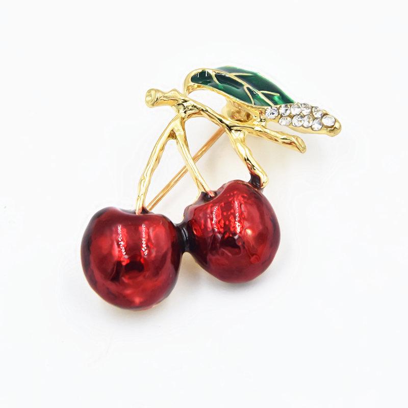 New Fashion Green Leaf & Red Cherry Hand-Painted Enamel Brooch Lapel Pin