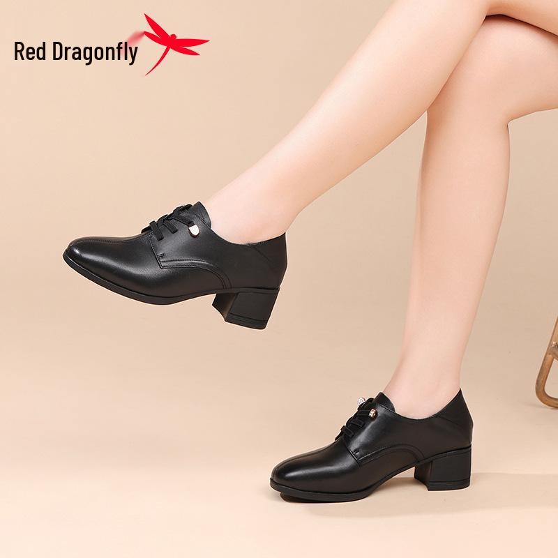 Red Dragonfly Women's Genuine Leather Mid-Heel Commuter Shoes - Soft Sole, Deep Opening, Perfect for Spring and Autumn.