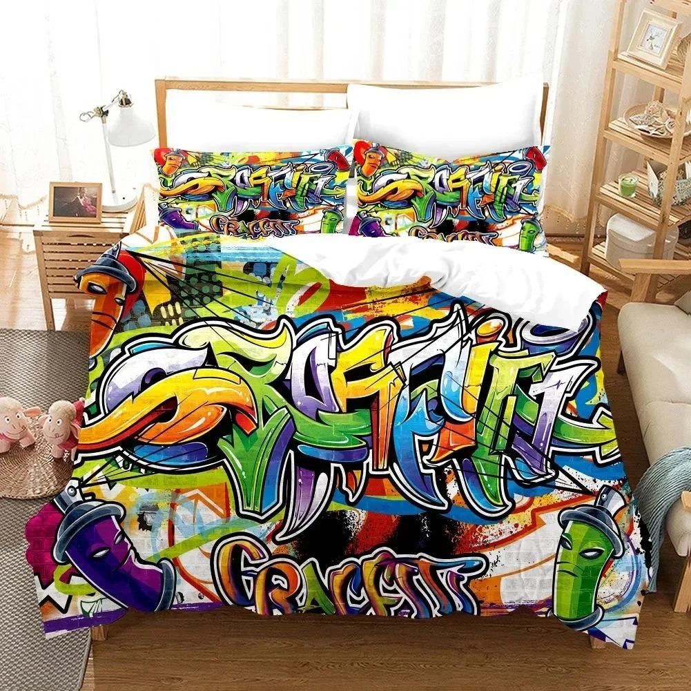 Comforter Cartoon Style Hip-Hop Graffiti Bedding Set 3D Printed Suitable For Bedroom Kids Home Textile