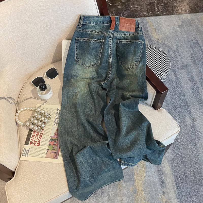American Retro High-Waisted Blue Wide-Leg Denim Pants for Women - Trendy Slimming Summer Style