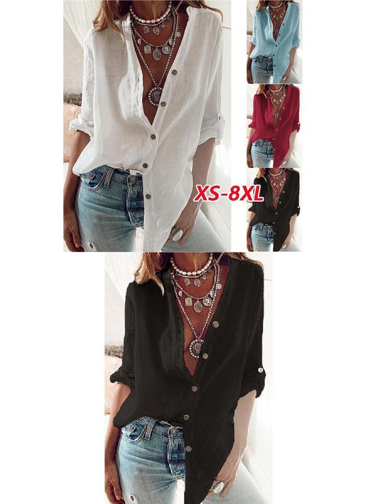 2026 Autumn European & American Solid V-Neck Loose Cotton Long Sleeve Women's Top