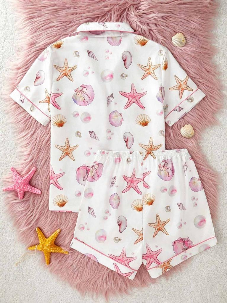 Girls Starfish Print Pajamas Set Button-Down Short Sleeve Top Shorts Sleepwear for 14-16Y