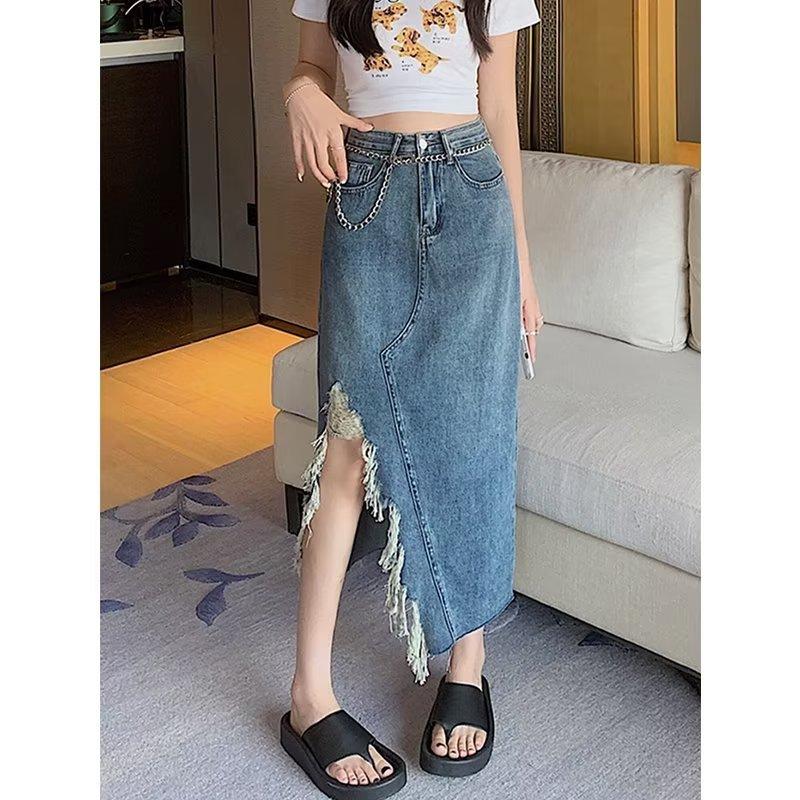 Large Size Irregular Retro Open Fork Denim Half-body Skirt Woman Summer Thin Medium-length Package Hip A Word Skirt