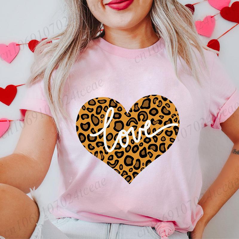 Women's T-Shirts Clothing Valentine Leopard Love Heart Print Tees Breathable Tshirt Loose T-Shirts Harajuku Casual Short Sleeve