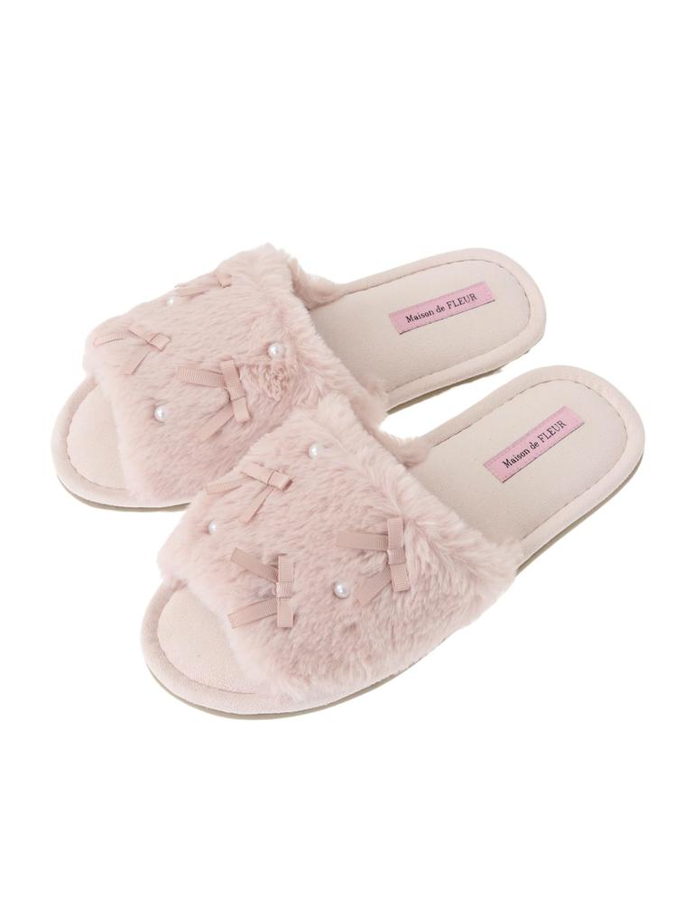 Maison de Fleur Ribbon Pearl Fur Room Light Pink Women's Shoes,