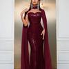 European and American Style Formal Dress Plus Size Women's New High-End Long-Sleeve Shawl Evening Gown with Sequins and Bodycon Design