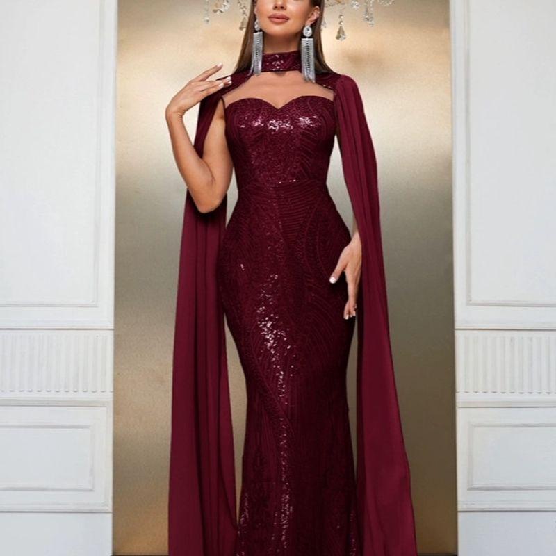European and American Style Formal Dress Plus Size Women's New High-End Long-Sleeve Shawl Evening Gown with Sequins and Bodycon Design