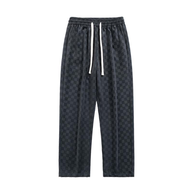 Men's Checkerboard Corduroy Wide-Leg Pants - Casual, Loose Straight Fit for Spring and Summer
