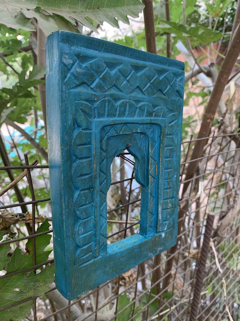Handcrafted Wooden Wall Frame – Distressed Turquoise Jharokha – Indian Heritage Decor – Vintage Style Wall Hanging