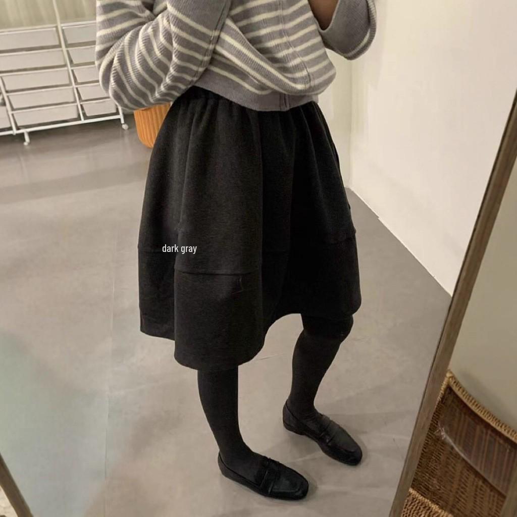 

High-Waist Woolen A-Line Skirt - Black/Dark Gray - European Style One Size (Elastic Waist, 60cm-78cm) темно-серого