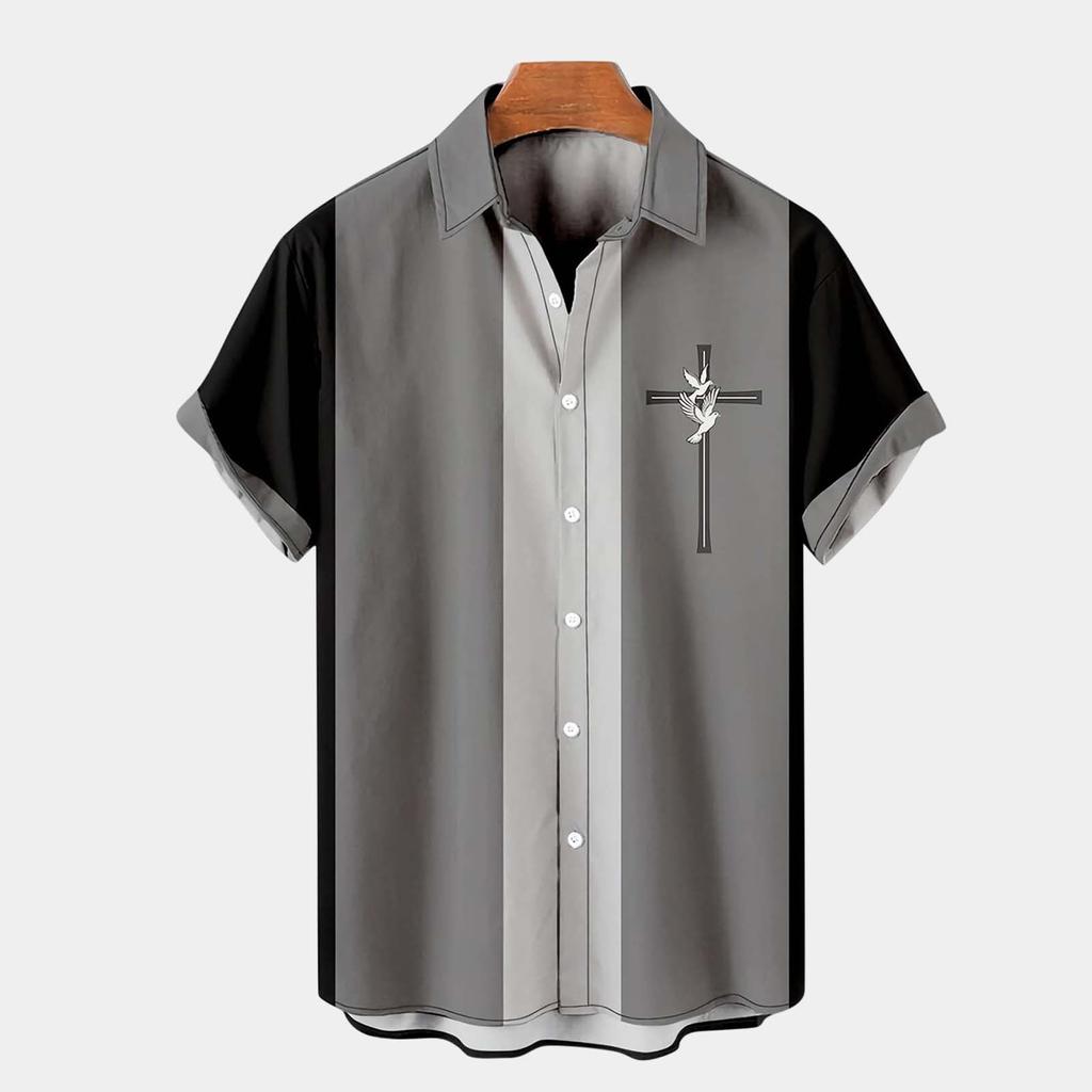 Summer Mens Cool Thin Breathable Lapel Collar Hanging Dyed Gradient Cotton Shirt