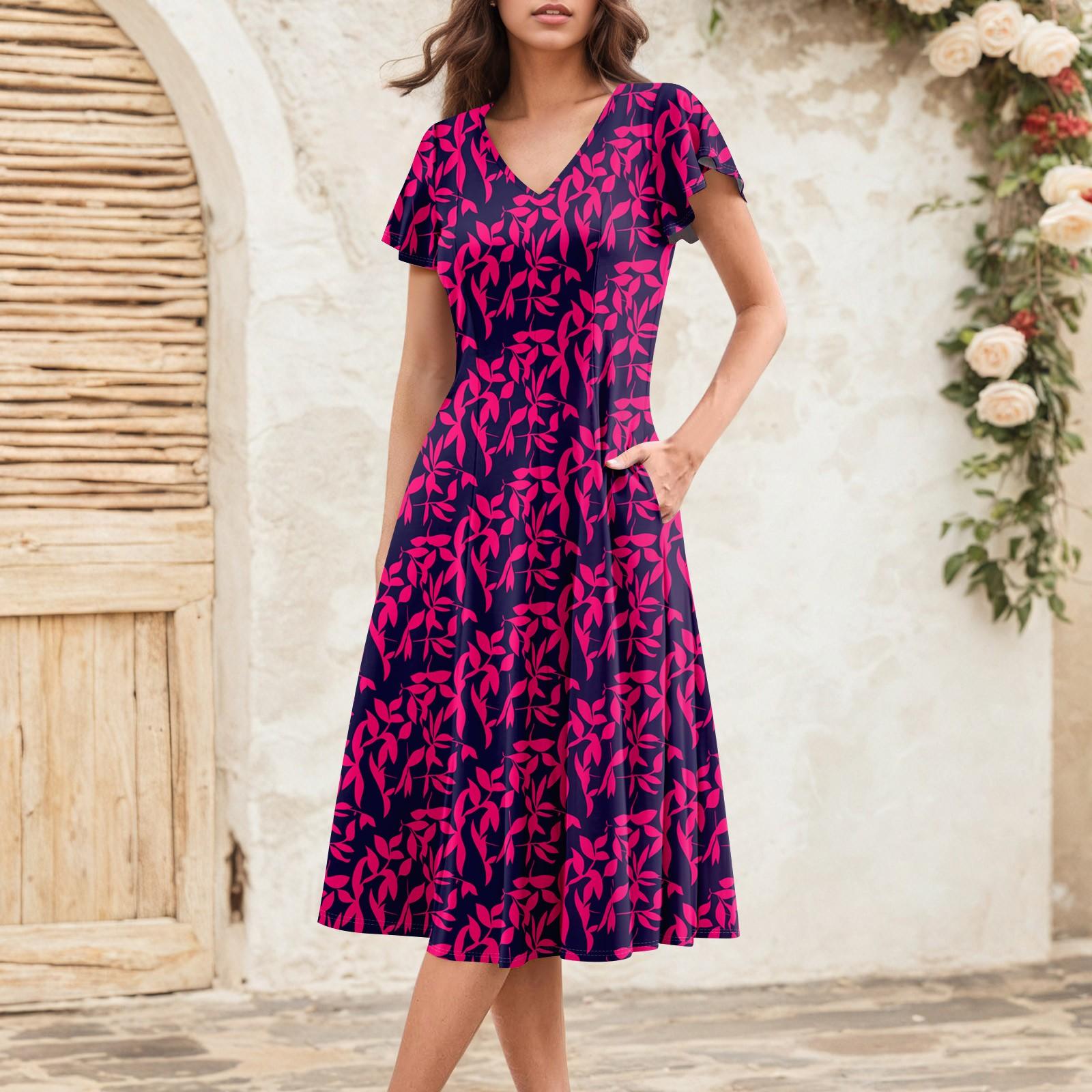 

Женское летнее модное элегантное платье миди в стиле ретро с V-образным вырезом и оборками на рукавах L горячий розовый