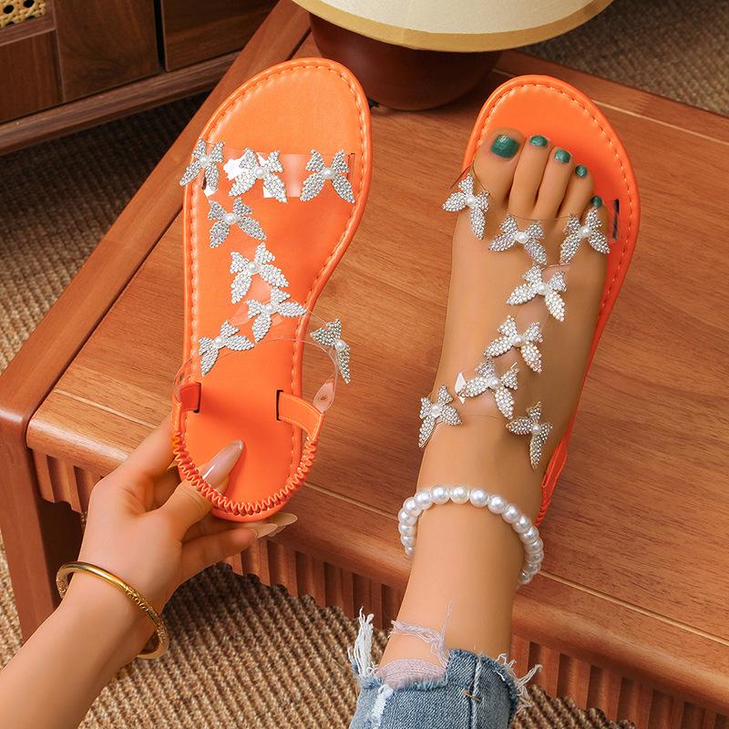 Kadın Yapay Elmas Kelebek Dekor Düz Sandalet, Günlük Burnu Açık Yaz Ayakkabı, Hafif Elastik Bant Sandalet
