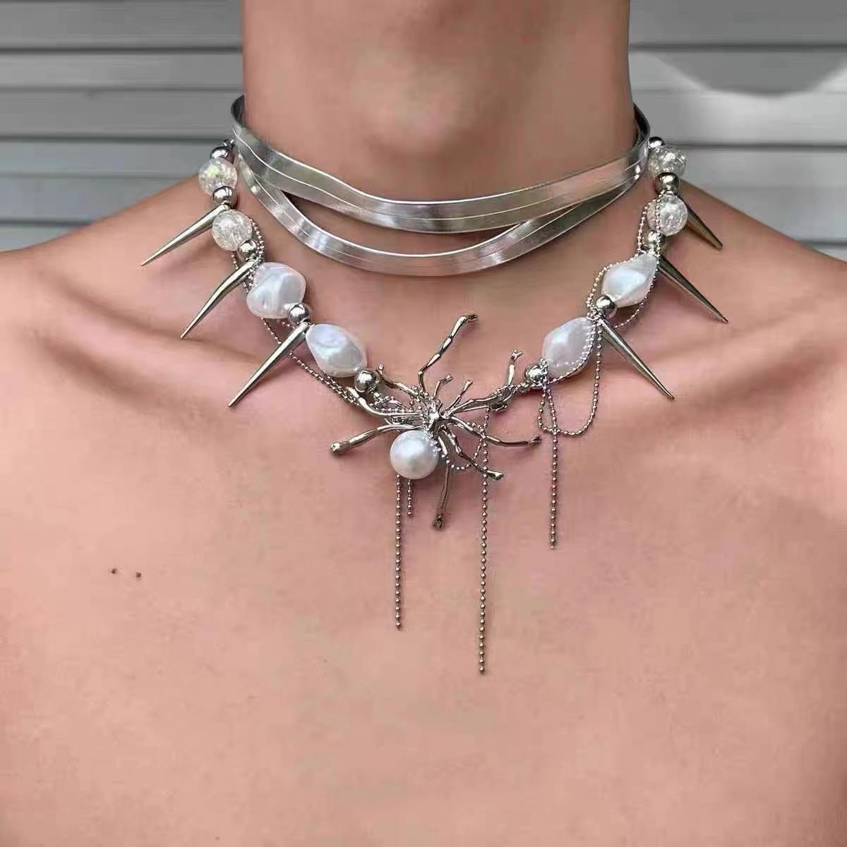 Retro Temperamental Shiny Rhinestone Cross Star Butterfly Tassel Pendant Multi-layer Choker Necklace for Women Men Punk Jewelry