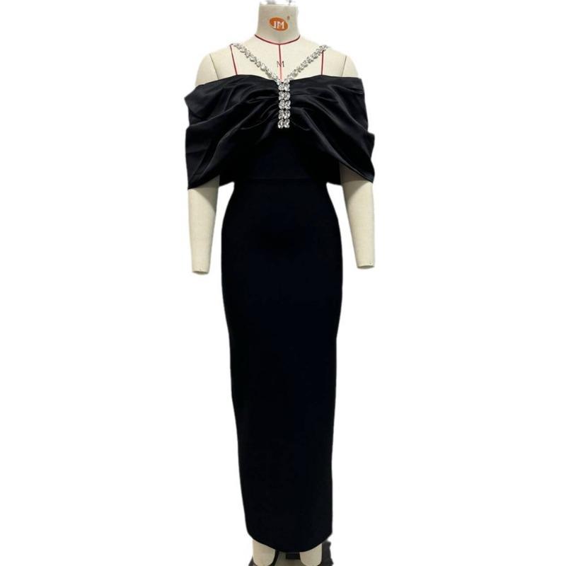 New Sexy Design Bandage Dress Neck Evening Dress with Diamonds Shoulder Slim Long Women's Clothing