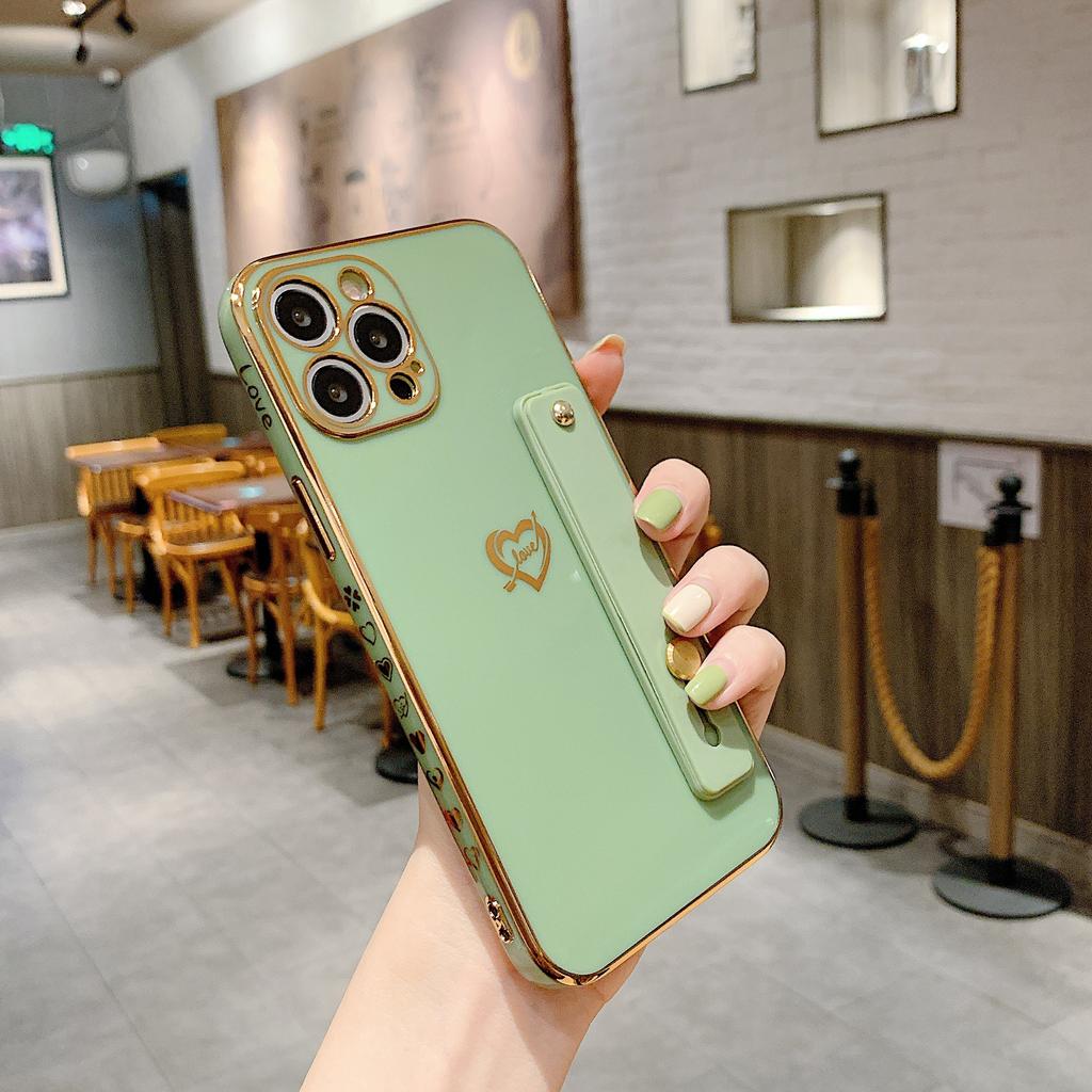 Applicable To iPhone17 Mobile Phone Case New Electroplated 6D Straight Edge Side Love Wristband Bracket Apple 16 Protective Case