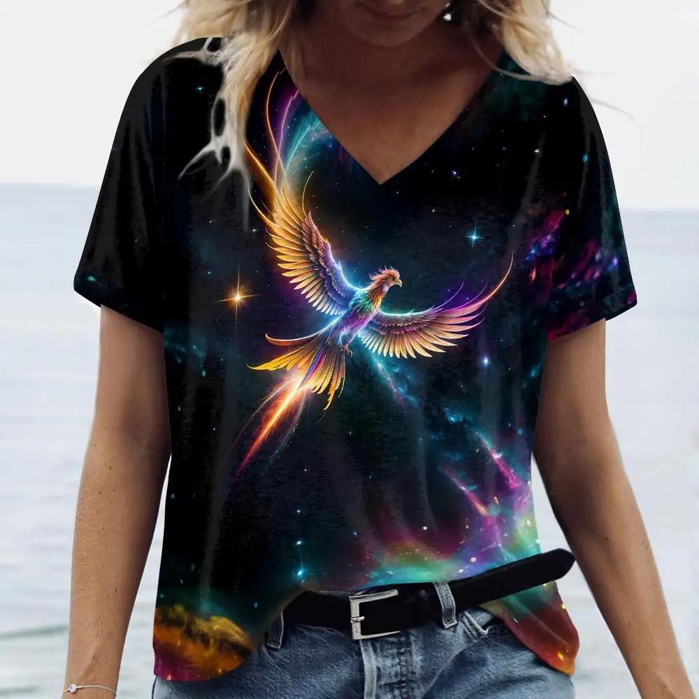 Summer Fashion Bird Parrot 3D Print T-Shirts Women V-Neck Short Sleeve T Shirt Y2k Tops Tees Oversized Harajuku Woman Clothing