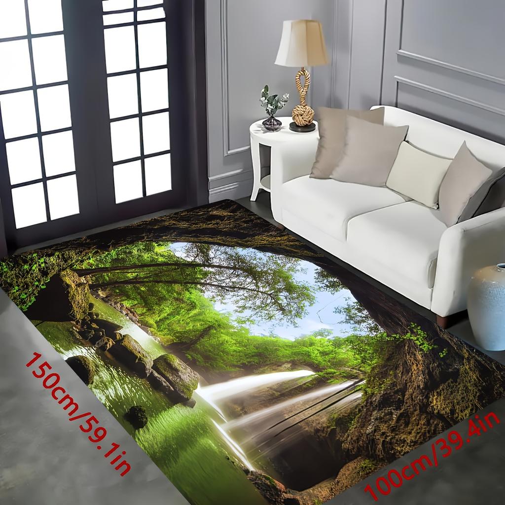 Forest Waterfall Rug for Nature Lovers - Serene Landscape Carpet, Eco-Friendly Home Decor Anti slip carpet can be machine washed