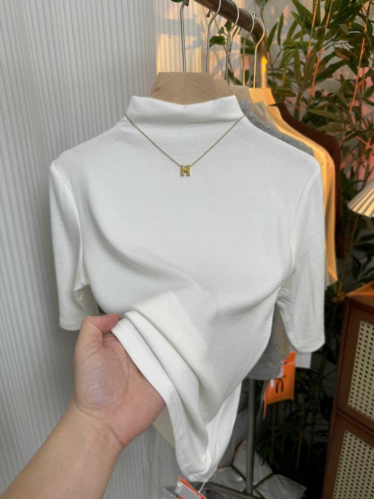 Women's Spring 2026 Red Mid-Sleeve High-Collar Slimming T-shirt – Fashionable Simple Solid Color Top