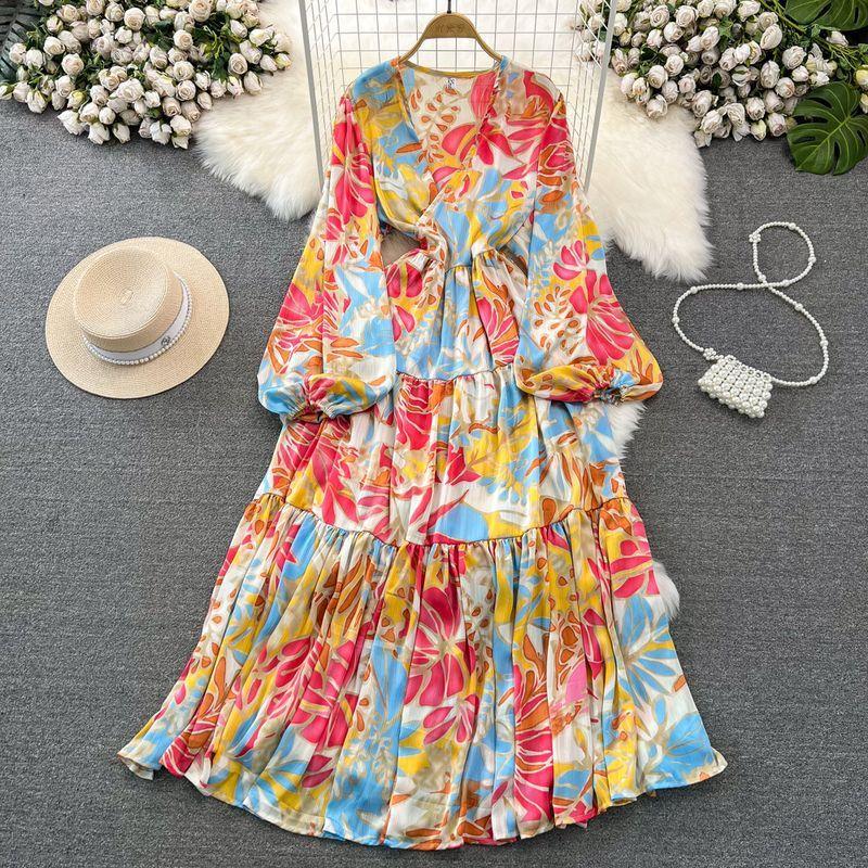 High-end Celebrity Temperament Lantern Long-sleeved V-neck Waist Thin A-word Printed Dress Elegant Pendulum Long Skirt