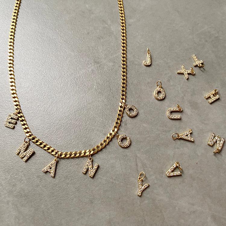 DIY Simple English Letter Necklace with Diamond Inlaid Pendant, Stainless Steel Jewelry for Europe and America.