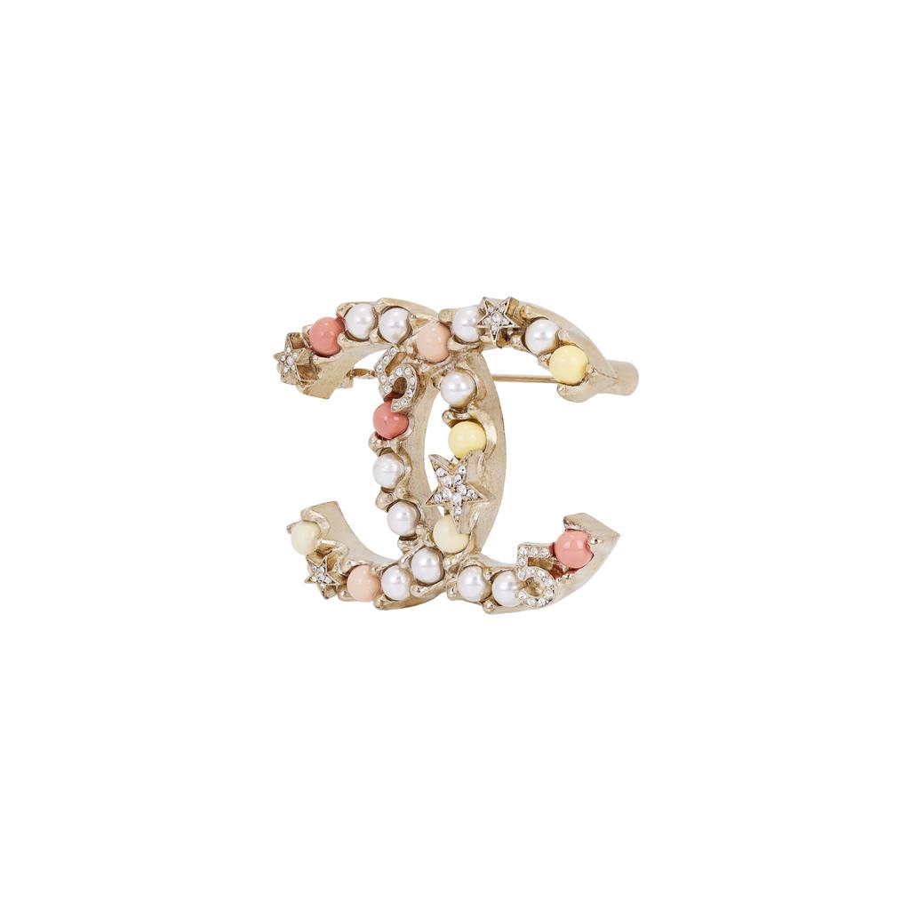 Chanel Double C Pearl Metal Crystal Brooch Women Accessories Gold AB8061-B07808-NH431