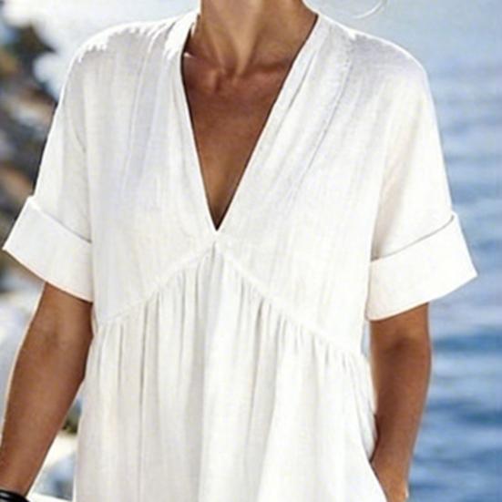 Sommer Baumwoll-Leinen Maxikleid für Damen Lässiges V-Ausschnitt Kurzarm A-Linien Kleid Strandurlaub Fließendes Sommerkleid mit Taschen