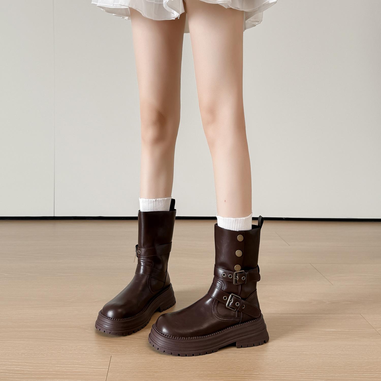 

High Quality~ Soft Leather Knight Boots Women s Medium Tube 2025 New British Style Spice Girls Xinjiang Maillard Martin Boots Women 34