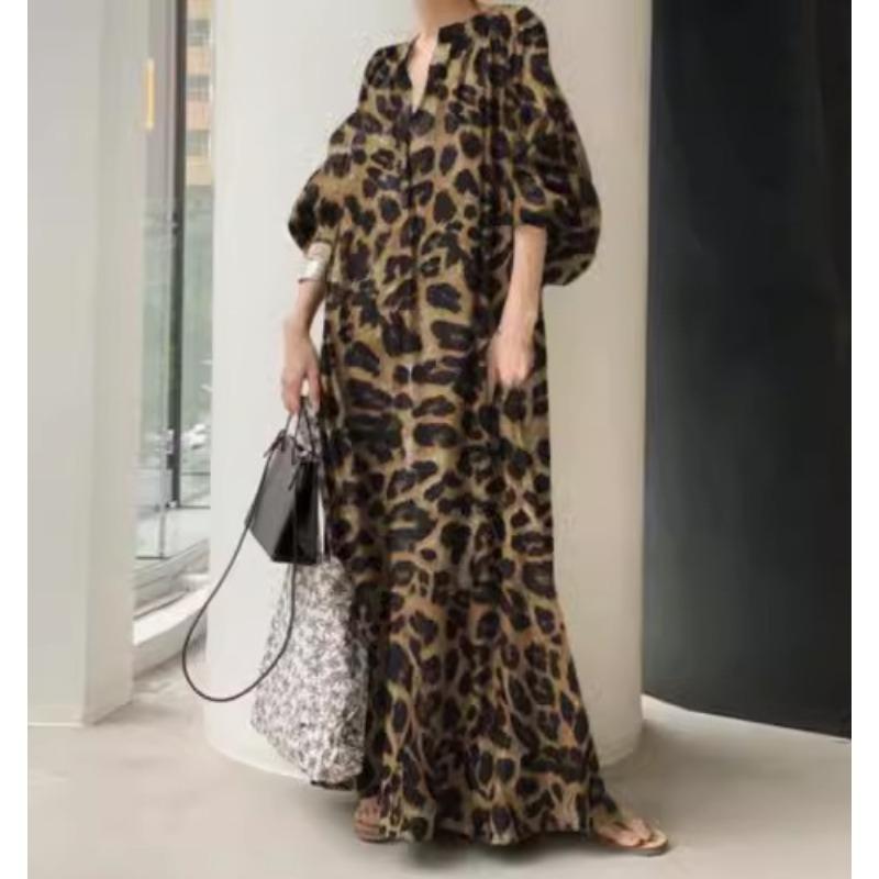 Temperament Leopard Print Stand Up Collar with Bubble Sleeves, Fashionable and Loose Casual Bohemian Shirt Dress, Spring and Autumn Plus Size
