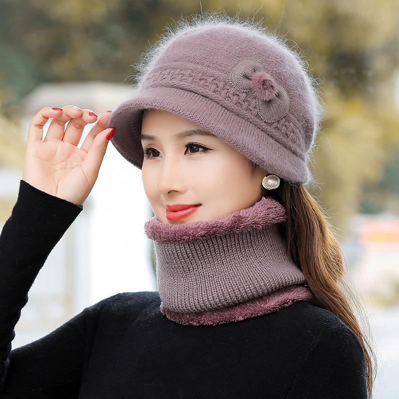 

Осенне-зимняя шапка для женщин среднего возраста, толстый бархат, вязаная шерстяная бабушкина шапка, шарф, комплект One size