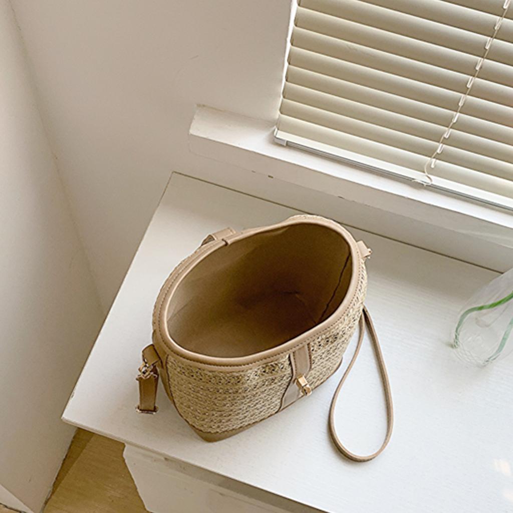 Hollow Out Woven Straw Shoulder Bag Lightweight Large Capacity Lock Closure Perfect for Beach Vacation Summer Outings