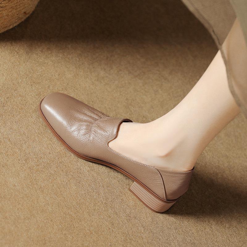 Chaussures simples à talons bas en cuir souple à la mode française pour femmes, chaussures de grand-mère à bouche profonde, chaussures confortables en cuir