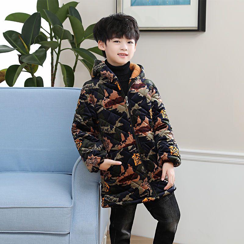 Boys Children's Plus Velvet Thickened Mid-length Hooded Cotton Overalls Fashionable and Warm To Wear Outside