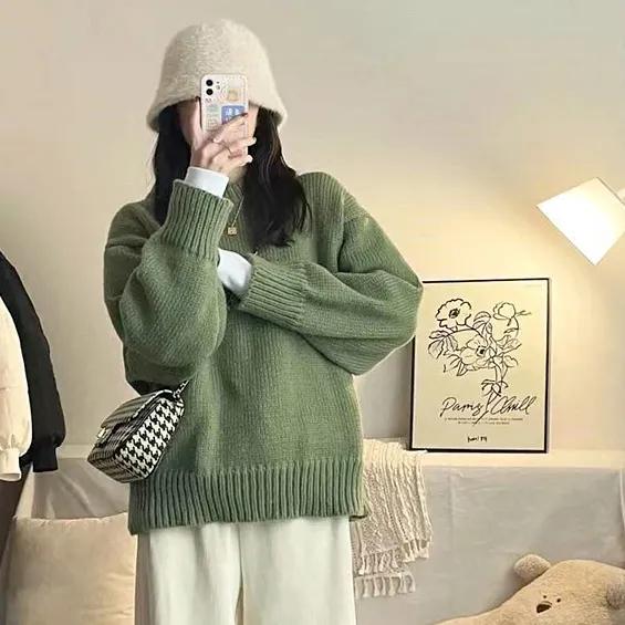 Пуловер свободного кроя с круглым вырезом зеленый для женщин осенне-зимний толстый в стиле ретро японский ленивый стиль внутренний базовый вязаный топ M зелёный 1980₽